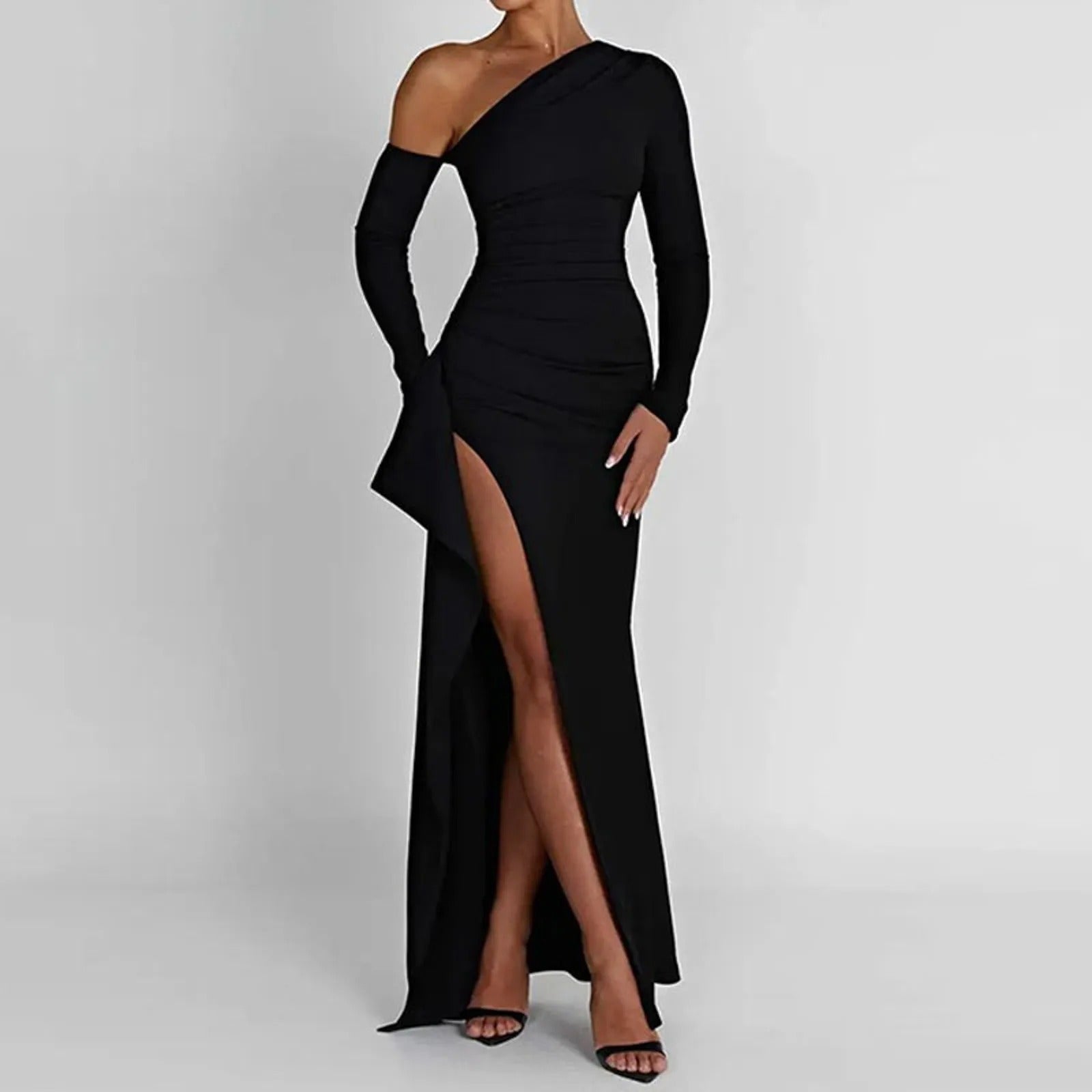 Robe longue femme asymétrique à une épaule avec fente haute et manches longues | Rêve