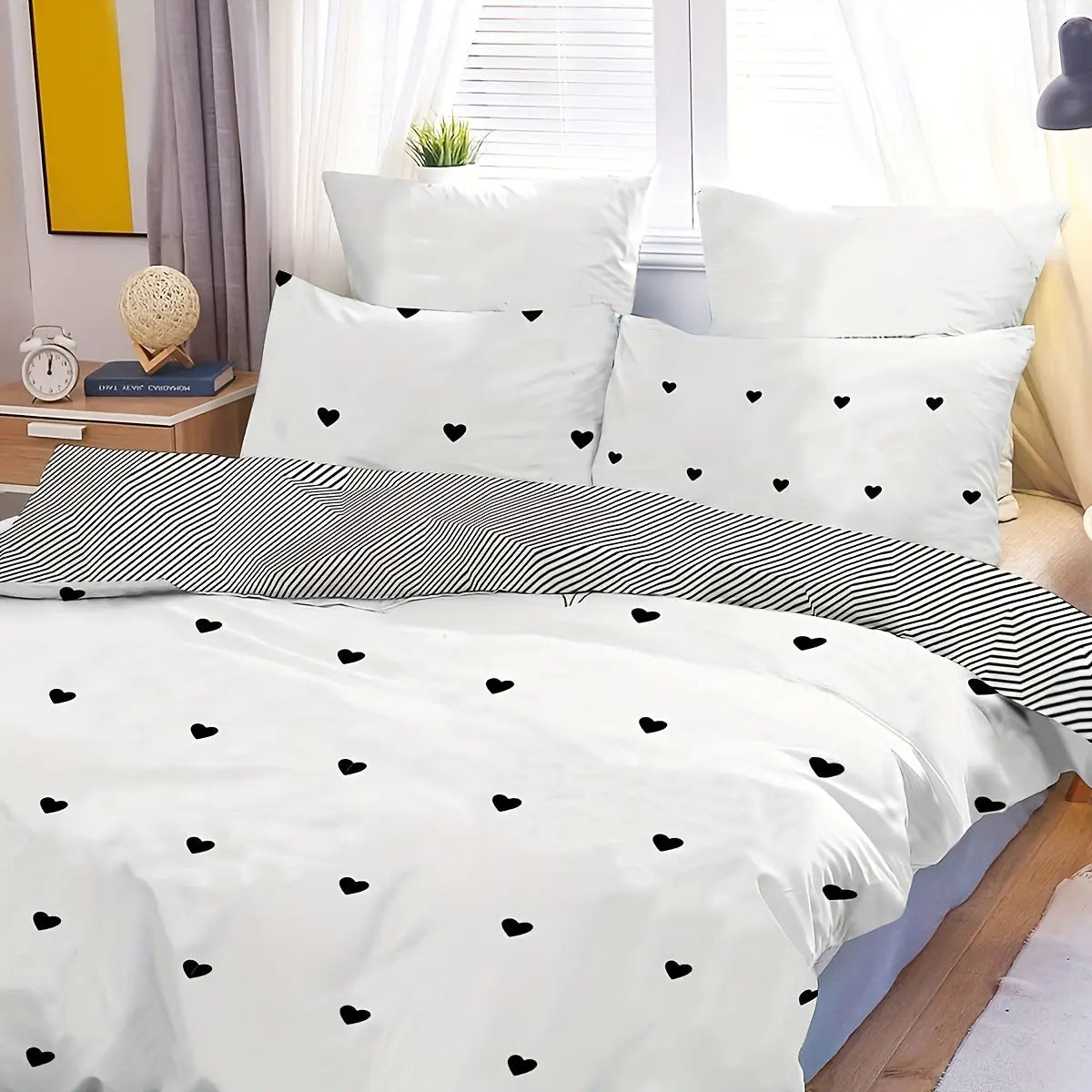 Parure de housse de couette noire avec motif cœur 3 pièces | Rêve