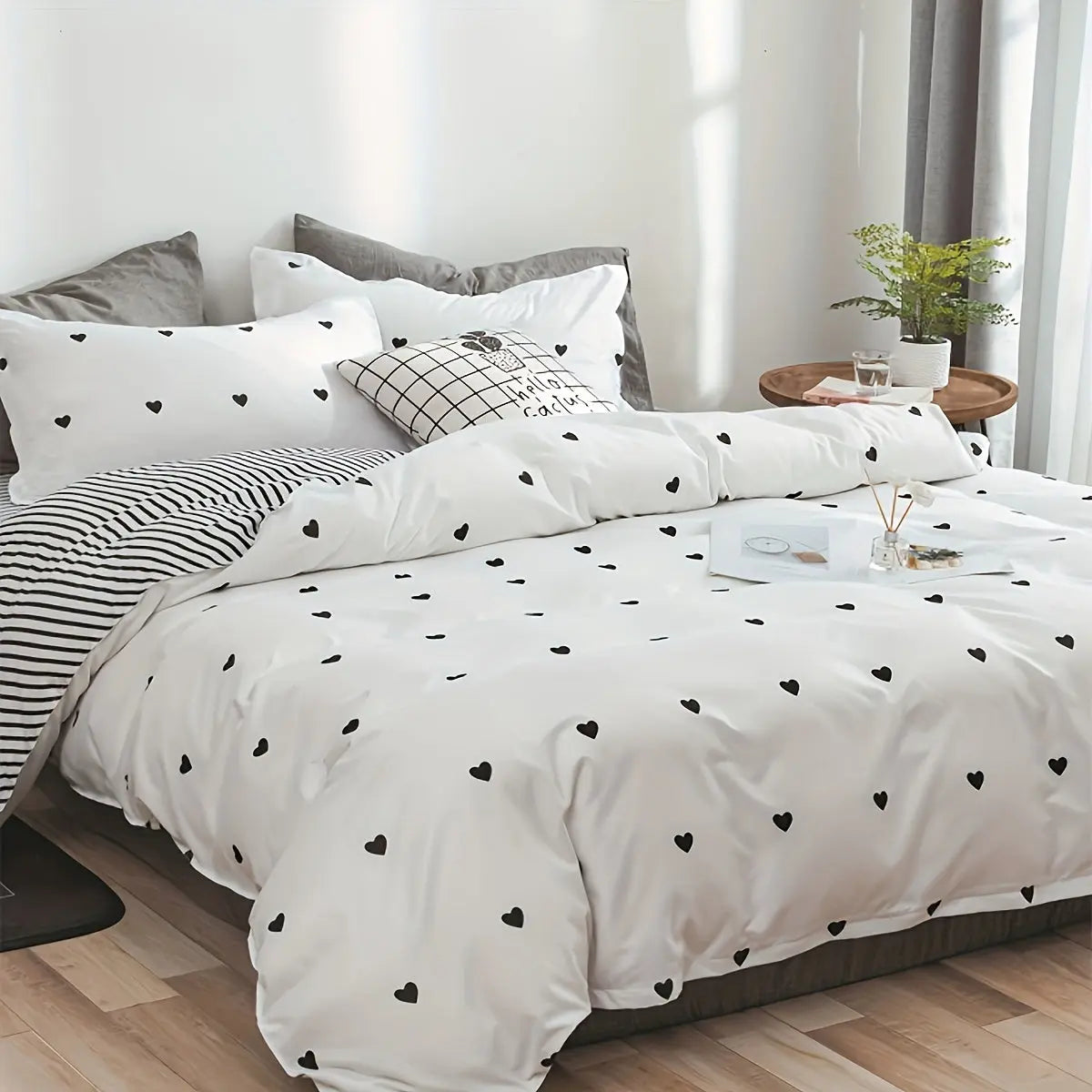 Parure de housse de couette noire avec motif cœur 3 pièces | Rêve