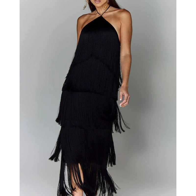 Robe longue pour femme à col halter avec bretelles réglables et franges | Rêve