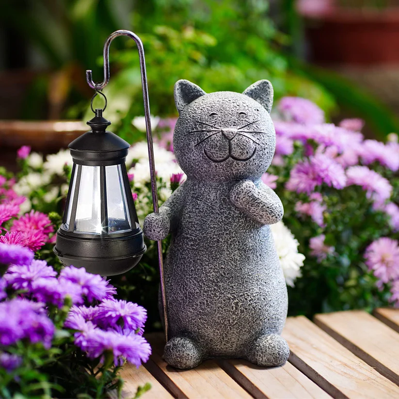 Statue décorative de chat pour jardin avec éclairage | Rêve